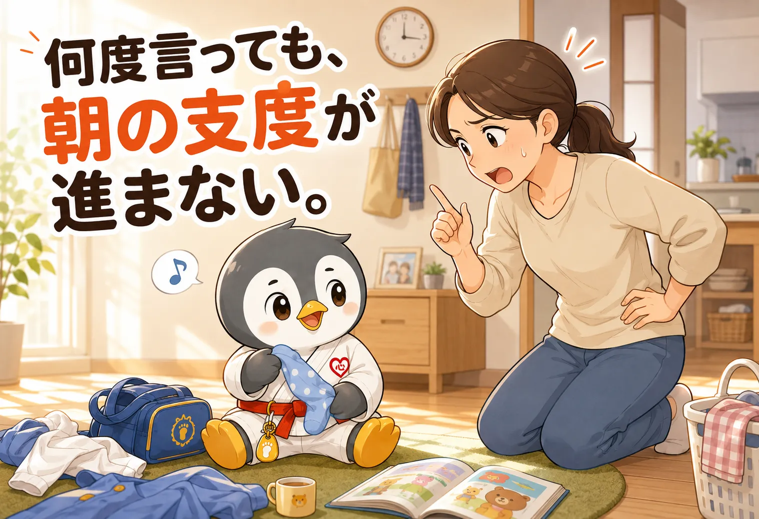 朝の支度中、母親が「早く着替えて」と何度も声をかけている場面