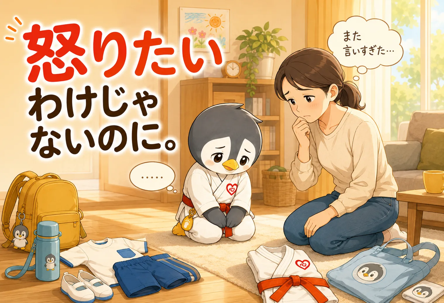 子どもが黙り込み、母親が「また言いすぎた」と後悔する場面