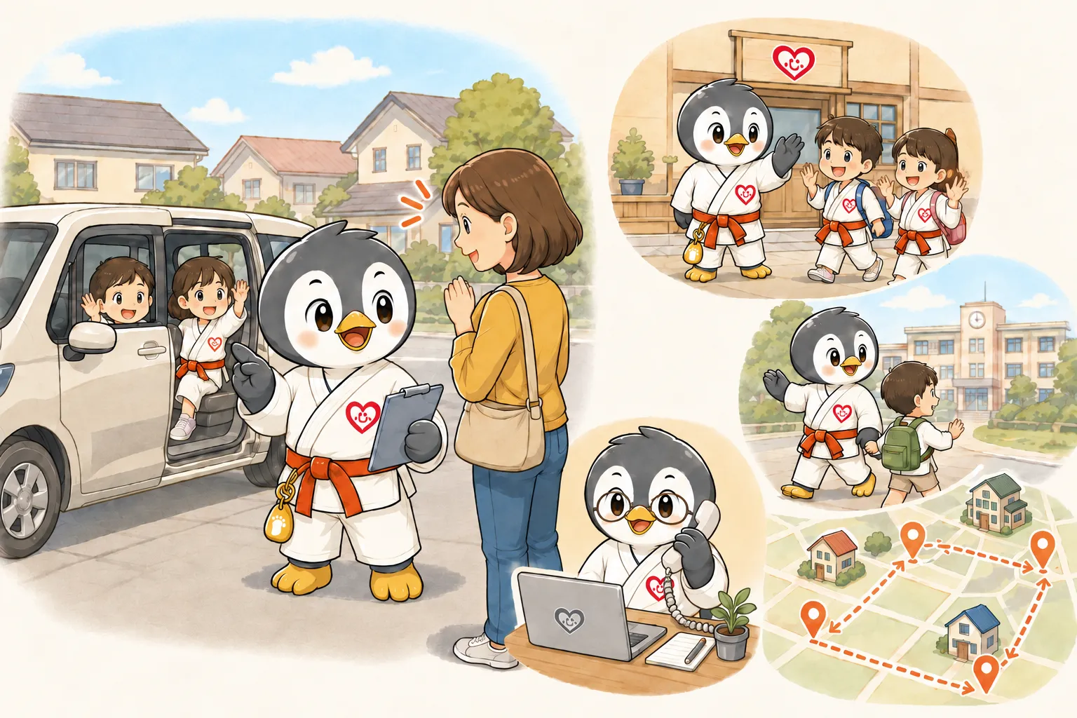 送迎車に乗り込む子どもと見送る指導者